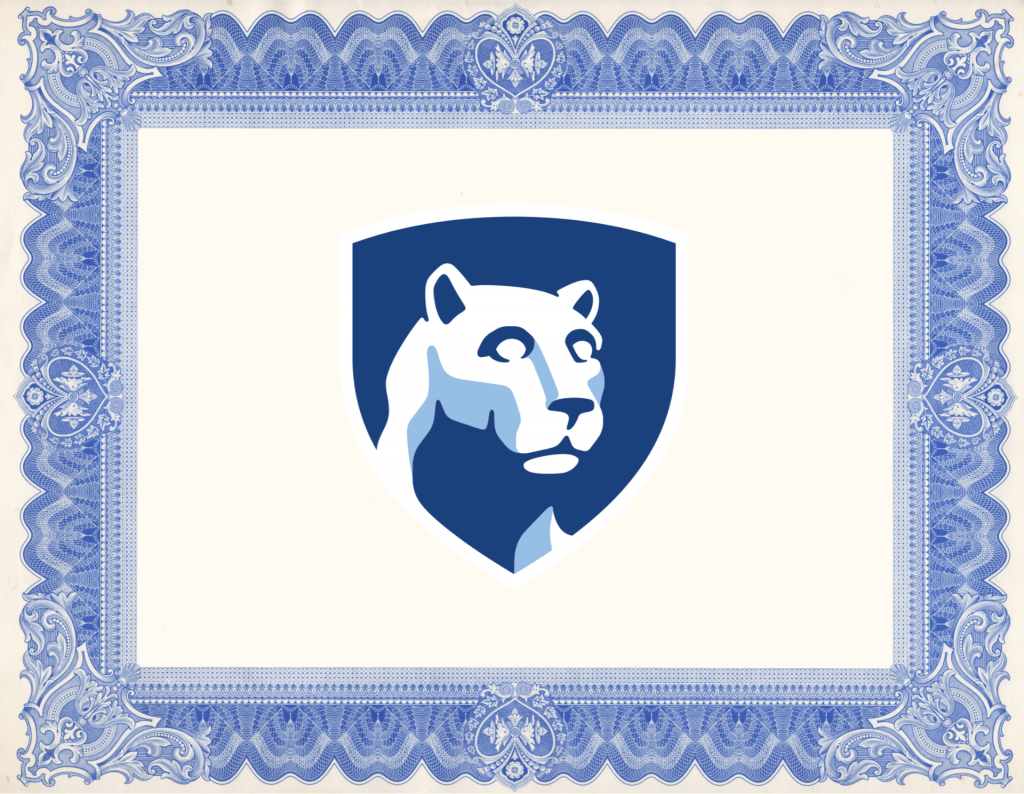 A typical certificate border with the Penn State University logo (shield) contained within