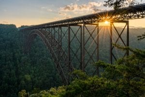 Setting sun behind the girders of the high arched New River Gorge bridge in West Virginia