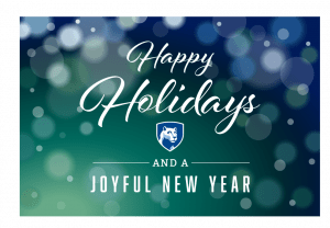 Image text is "Happy Holidays and a Joyful New Year" with the Penn State University logo all over a festive nondescript background