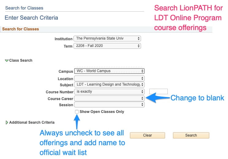 Image is screenshot of LionPATH Course Search Page, and is annotated to remind students to change the "Course Career" dropdown to blank and also to uncheck "Show Open Classes Only"
