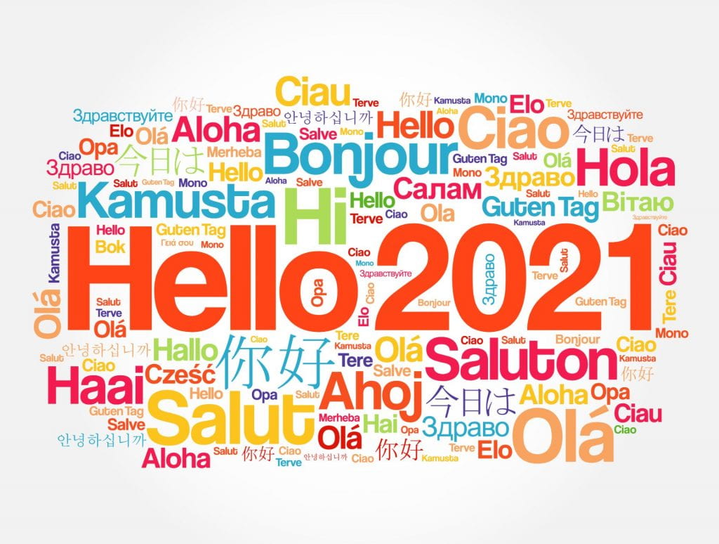 Word cloud with Hello 2021 written in many different languages
