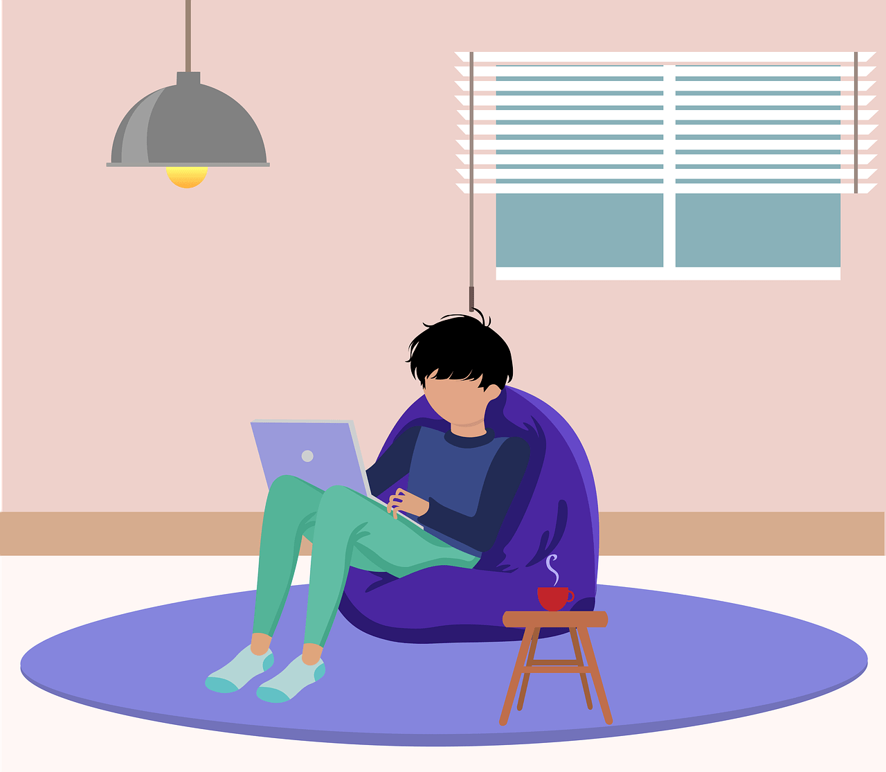 Illustration of a student sitting in a living room on a bean bag chair with a laptop computer on their lap