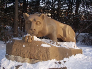 Nittany Lion Shrine statue covered with snow.